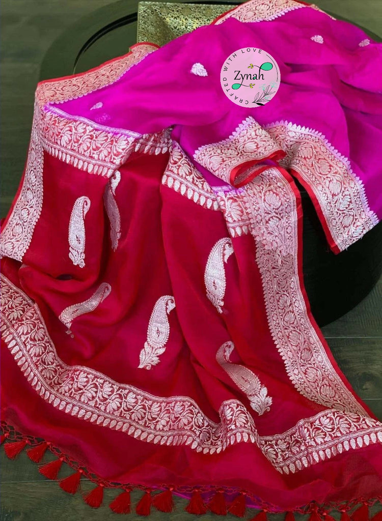 Zynah Pure Banarasi Handloom Khaddi Georgette Saree with Zari Weave; Custom Stitched/Ready-made Blouse, Fall, Petticoat; Shipping available USA, Worldwide