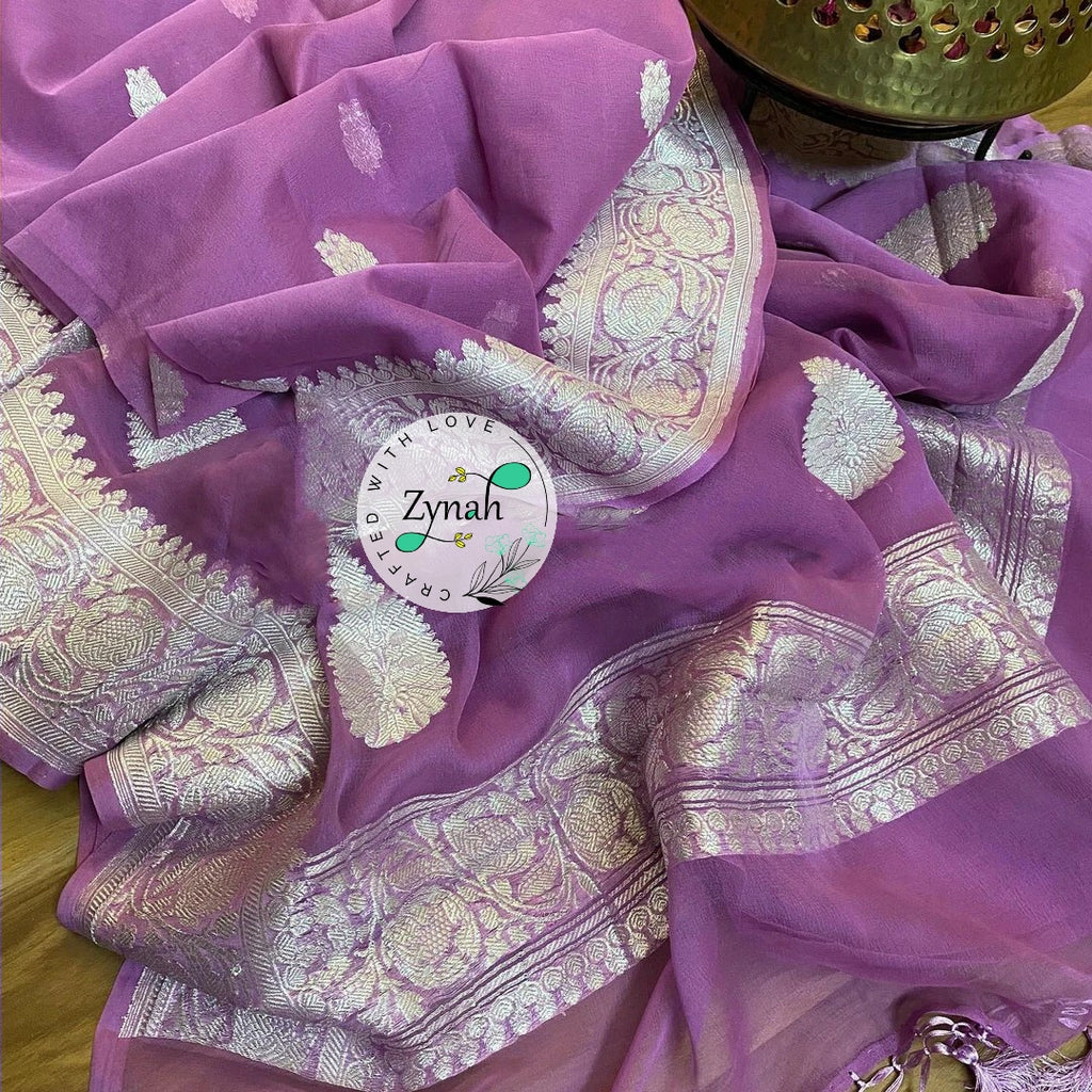 Zynah Pure Banarasi Handloom Khaddi Georgette Saree with Zari Border & Butis; Custom Stitched/Ready-made Blouse, Fall, Petticoat; Shipping available USA, Worldwide