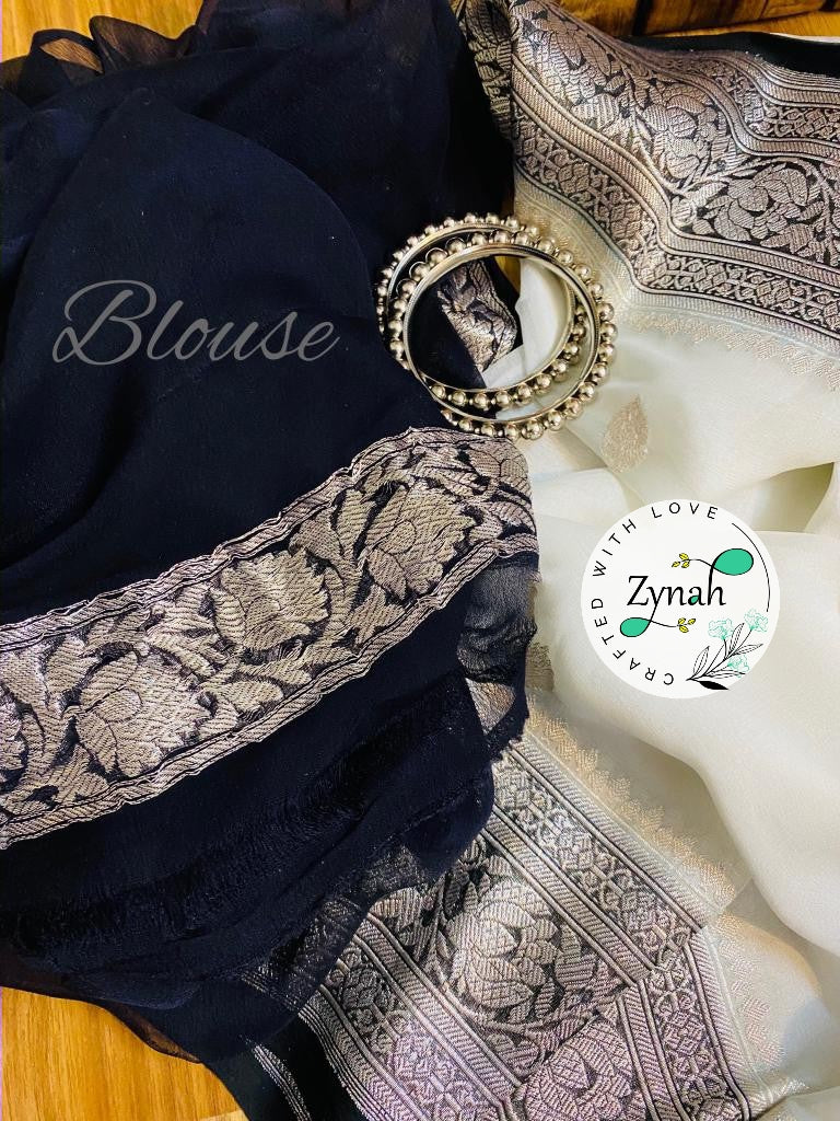Zynah White & Black Color Pure Banarasi Handloom Khaddi Georgette Saree with Zari Border & Butis; Custom Stitched/Ready-made Blouse, Fall, Petticoat; Shipping available USA, Worldwide