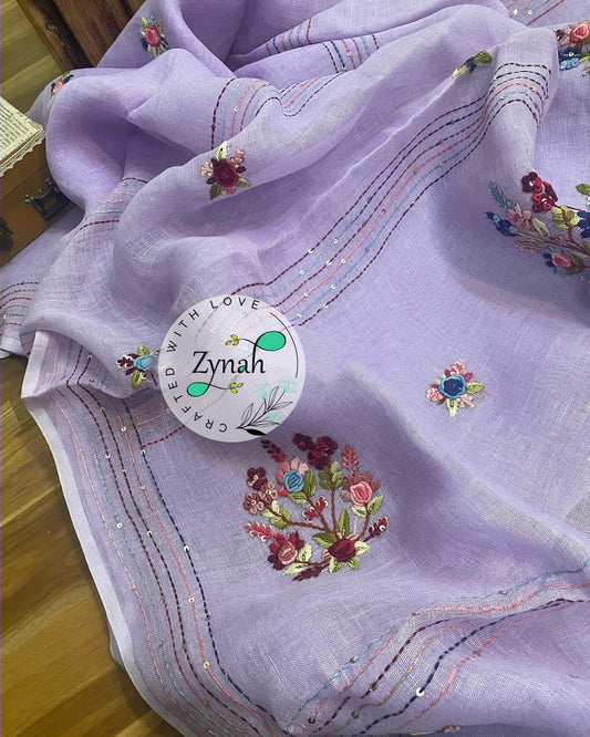 Zynah Pure Linen(120c) Handcrafted Saree with French Knot Hand Embroidery; Custom Stitched/Ready-made Blouse, Fall, Petticoat; Shipping available USA, Worldwide