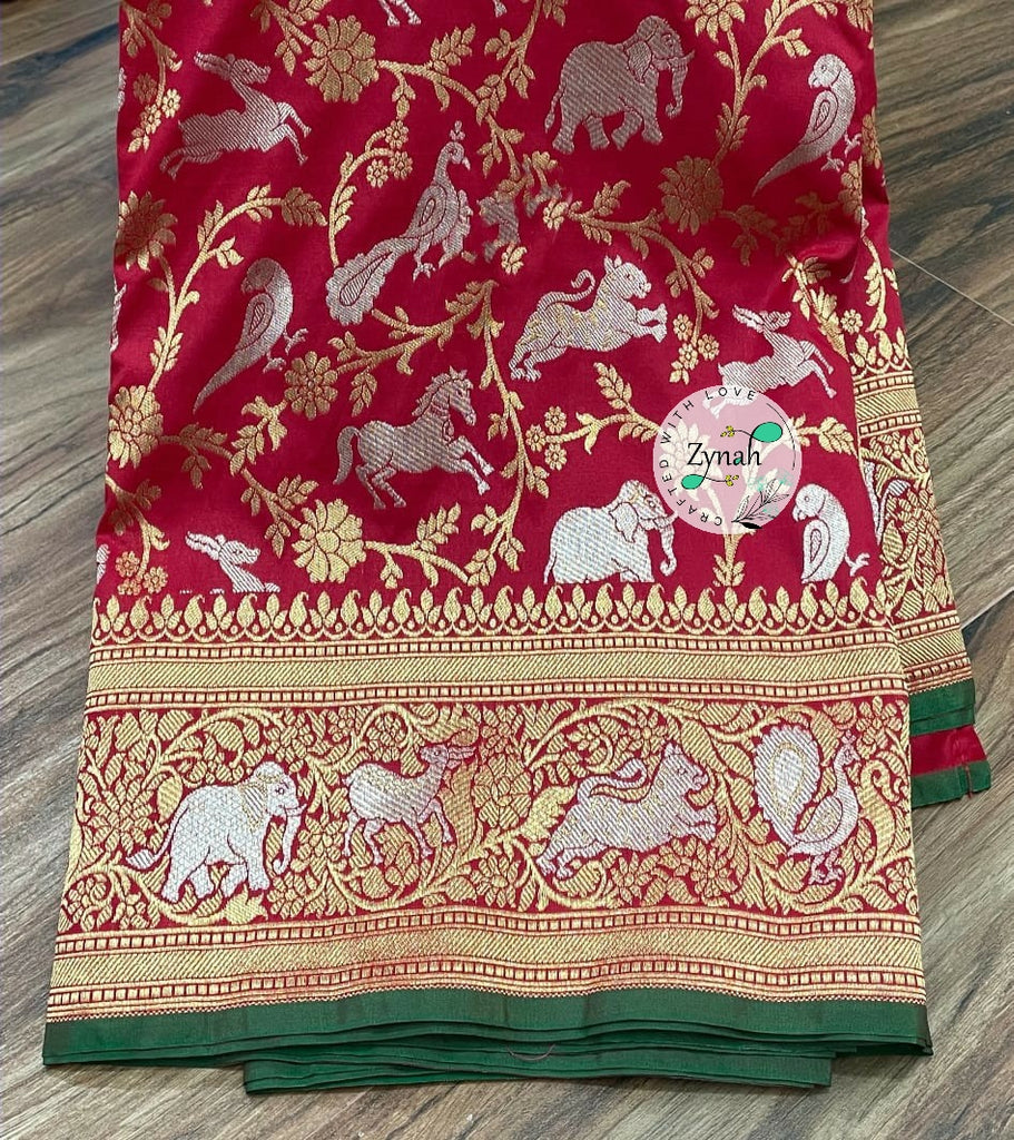 Zynah Pure Banarasi Soft Silk Saree with Shikargah Design; Custom Stitched/Ready-made Blouse, Fall, Petticoat; Shipping available USA, Worldwide