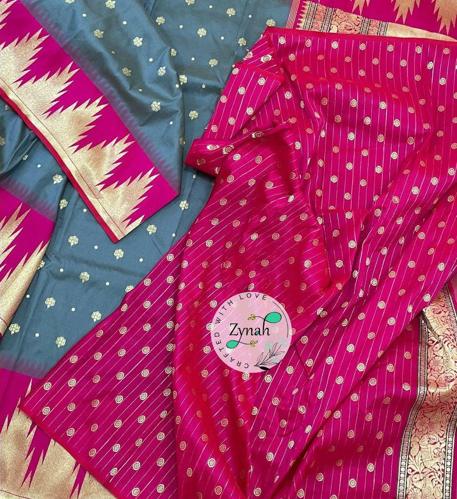 Zynah Pure Banarasi Soft Silk Saree with Temple Design Border; Custom Stitched/Ready-made Blouse, Fall, Petticoat; Shipping available USA, Worldwide