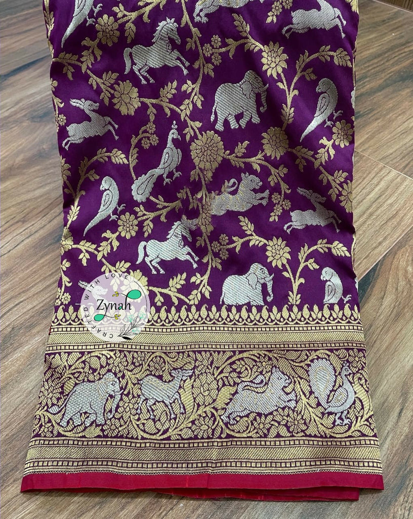 Zynah Pure Banarasi Soft Silk Saree with Shikargah Design; Custom Stitched/Ready-made Blouse, Fall, Petticoat; Shipping available USA, Worldwide