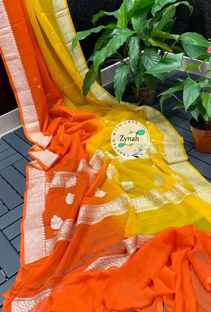 Zynah Pure Banarasi Handloom Khaddi Georgette Double-shaded Saree with Zari Weave; Custom Stitched/Ready-made Blouse, Fall, Petticoat; Shipping available USA, Worldwide