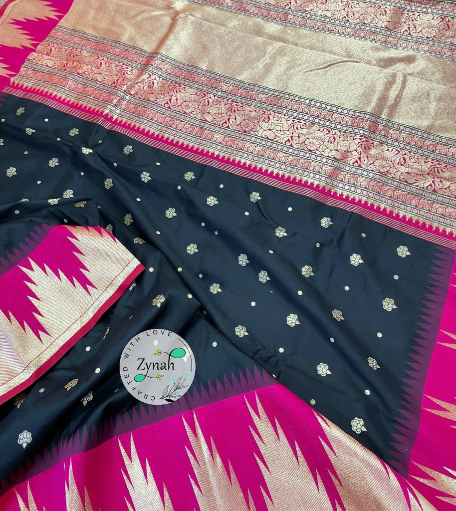 Zynah Pure Banarasi Soft Silk Saree with Temple Design Border; Custom Stitched/Ready-made Blouse, Fall, Petticoat; Shipping available USA, Worldwide