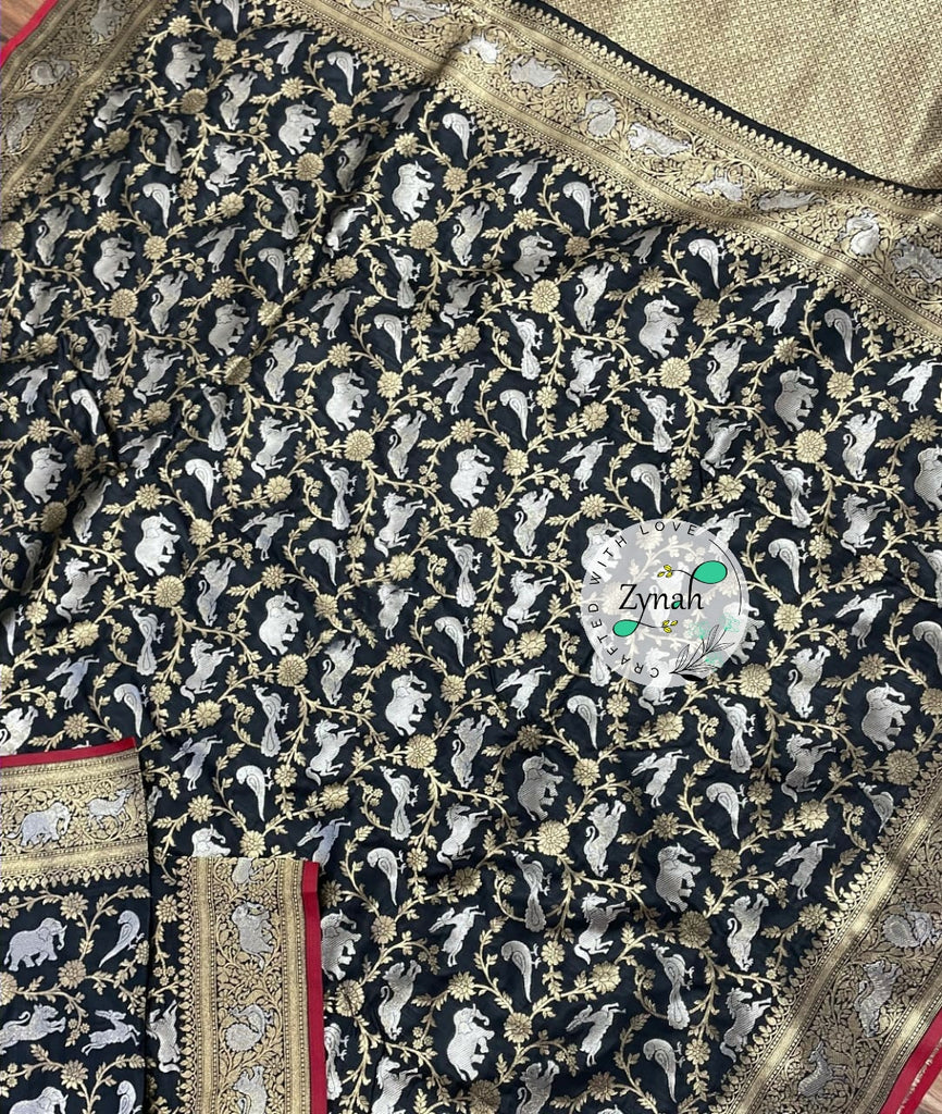 Zynah Pure Banarasi Soft Silk Saree with Shikargah Design; Custom Stitched/Ready-made Blouse, Fall, Petticoat; Shipping available USA, Worldwide