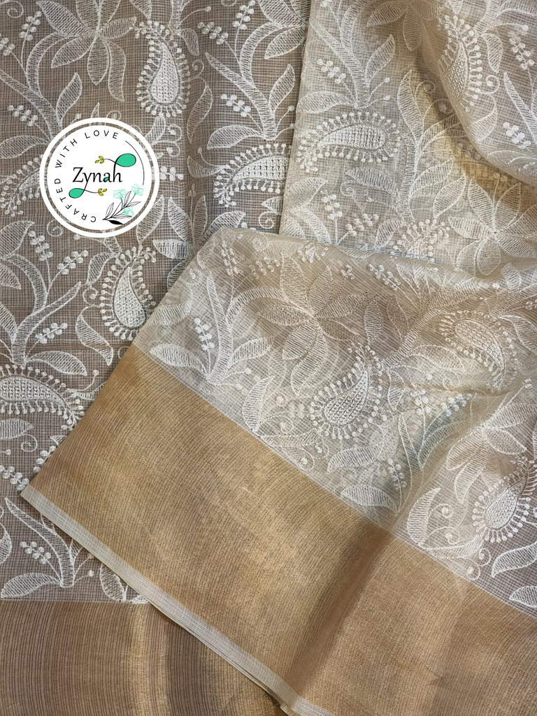 Zynah Off-White Color Pure Tussar Kota Silk Saree with Heavy Chikankari Embroidery With Double Ghiccha Pallu and Heavy Tassels; Custom Stitched/Ready-made Blouse, Fall, Petticoat; Shipping available USA, Worldwide
