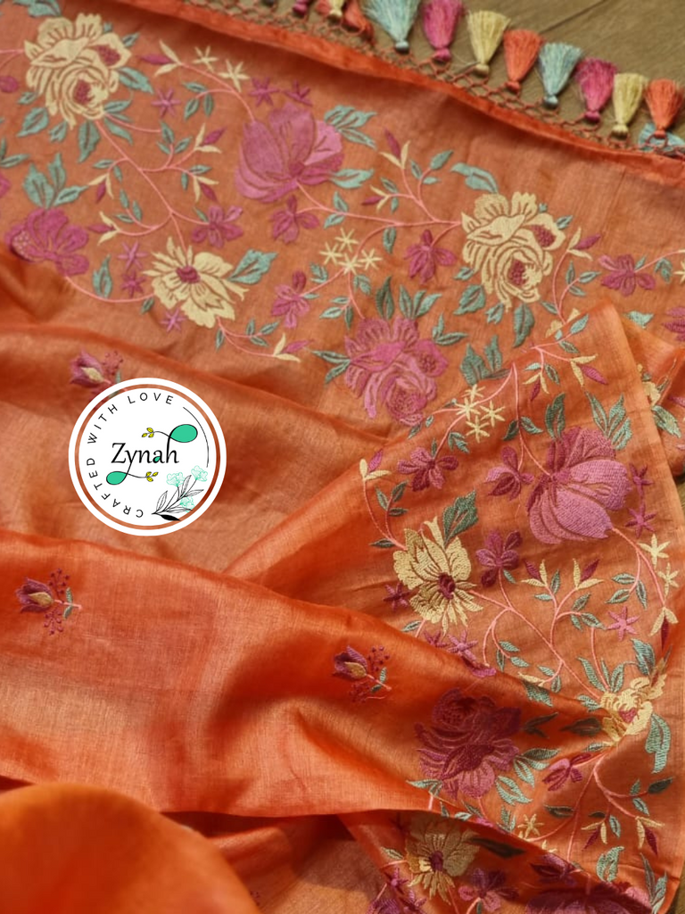 Zynah Pink Color Pure Tussar Silk Embroidered Saree with Vibrant Tassels; Custom Stitched/Ready-made Blouse, Fall, Petticoat; Shipping available USA, Worldwide