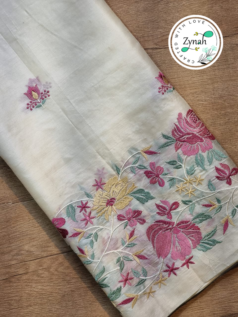 Zynah Off-White Color Pure Tussar Silk Embroidered Saree with Vibrant Tassels; Custom Stitched/Ready-made Blouse, Fall, Petticoat; Shipping available USA, Worldwide