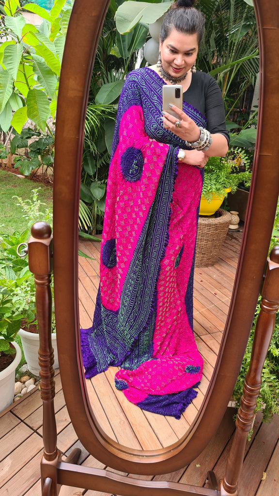 Zynah Pure Gajji Silk Designer Bandhani Saree with Trending Big Border; Custom Stitched/Ready-made Blouse, Fall, Petticoat; Shipping available USA, Worldwide