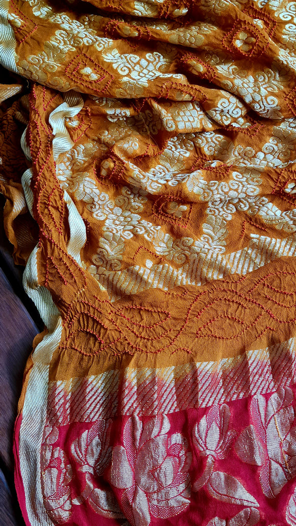 Zynah Pure Georgette Designer Bandhani Saree with Gharchola & Zari Weave; Custom Stitched/Ready-made Blouse, Fall, Petticoat; Shipping available USA, Worldwide