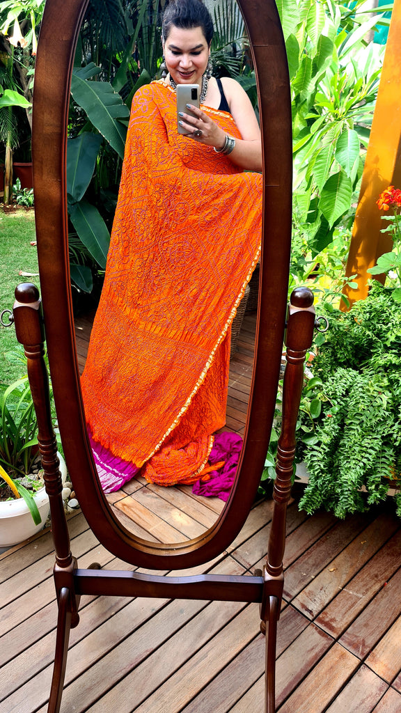 Zynah Pure Gajji Silk Designer Bandhani Saree with Tissue Zari Pallu; Custom Stitched/Ready-made Blouse, Fall, Petticoat; Shipping available USA, Worldwide