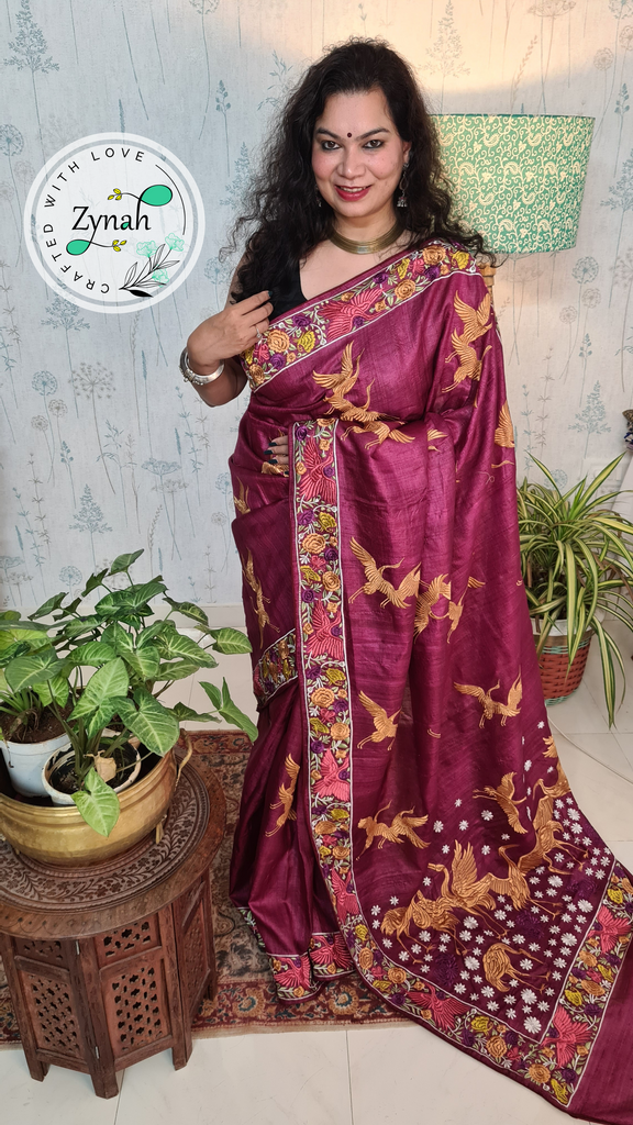 Zynah Wine Color Pure Tussar Silk Parsi work wine color Inspired Saree, Flamingo Bird Motifs; Custom Stitched/Ready-made Blouse, Fall, Petticoat; Shipping available USA, Worldwide