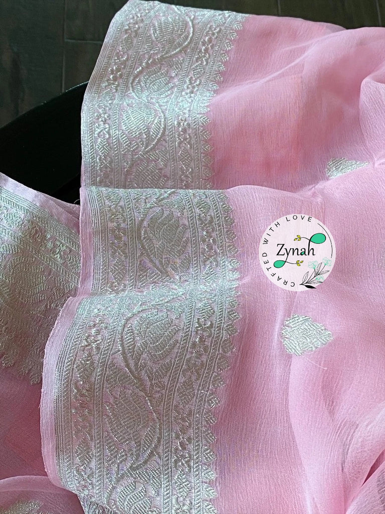 Zynah Pure Banarasi Handloom Khaddi Georgette Saree with Zari Border & Butis; Custom Stitched/Ready-made Blouse, Fall, Petticoat; Shipping available USA, Worldwide