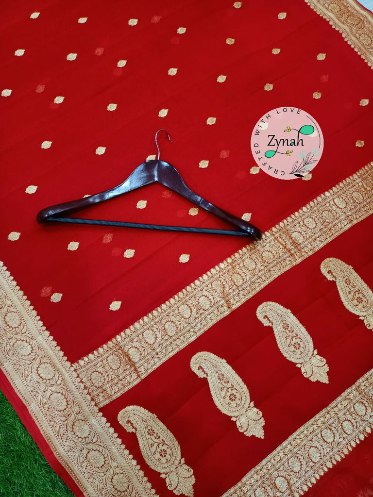 Zynah Pure Banarasi Handloom Khaddi Georgette Saree with Zari Border & Butis; Custom Stitched/Ready-made Blouse, Fall, Petticoat; Shipping available USA, Worldwide