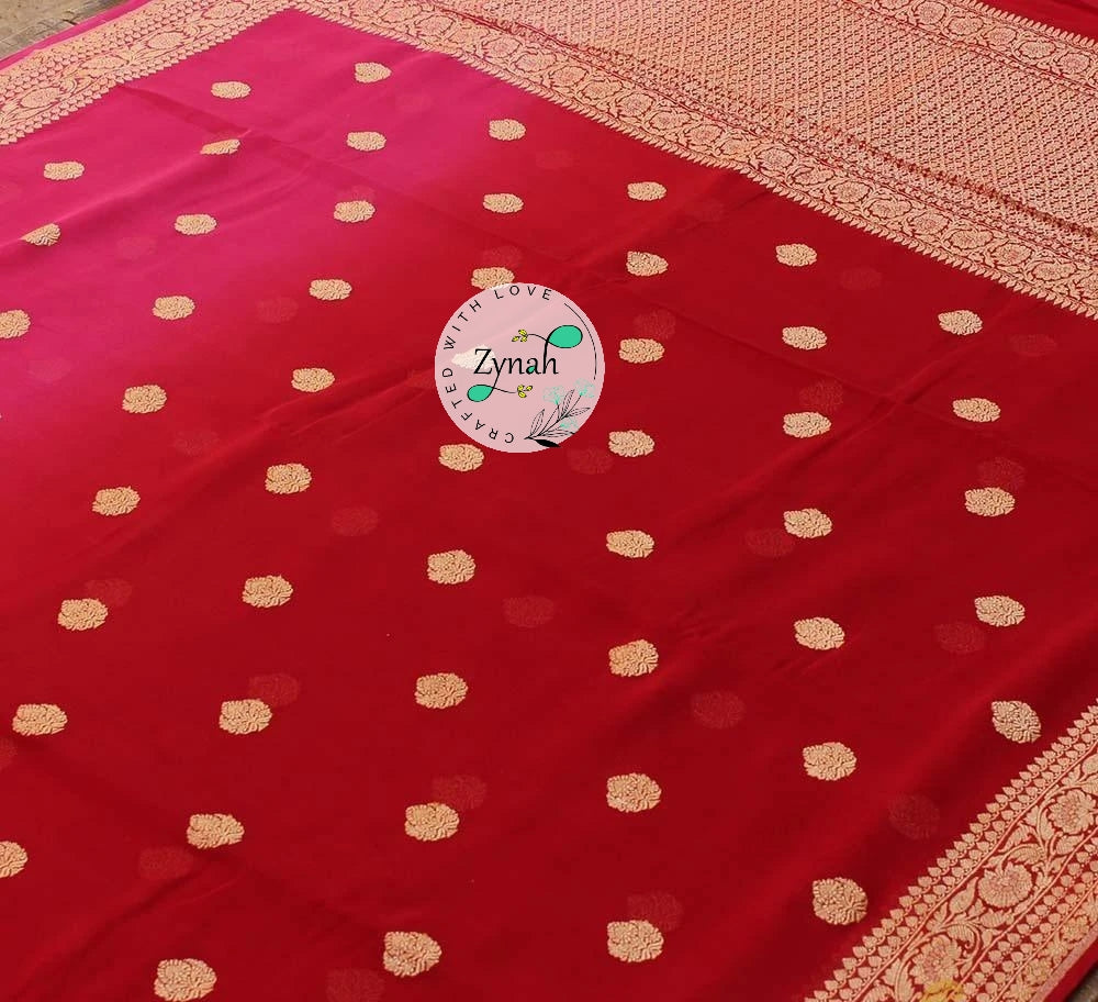 Zynah Pure Banarasi Handloom Khaddi Georgette Double-shaded Saree with Zari Weave; Custom Stitched/Ready-made Blouse, Fall, Petticoat; Shipping available USA, Worldwide