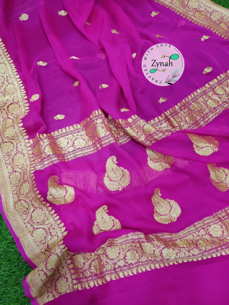 Zynah Pure Banarasi Handloom Khaddi Georgette Saree with Zari Border & Butis; Custom Stitched/Ready-made Blouse, Fall, Petticoat; Shipping available USA, Worldwide