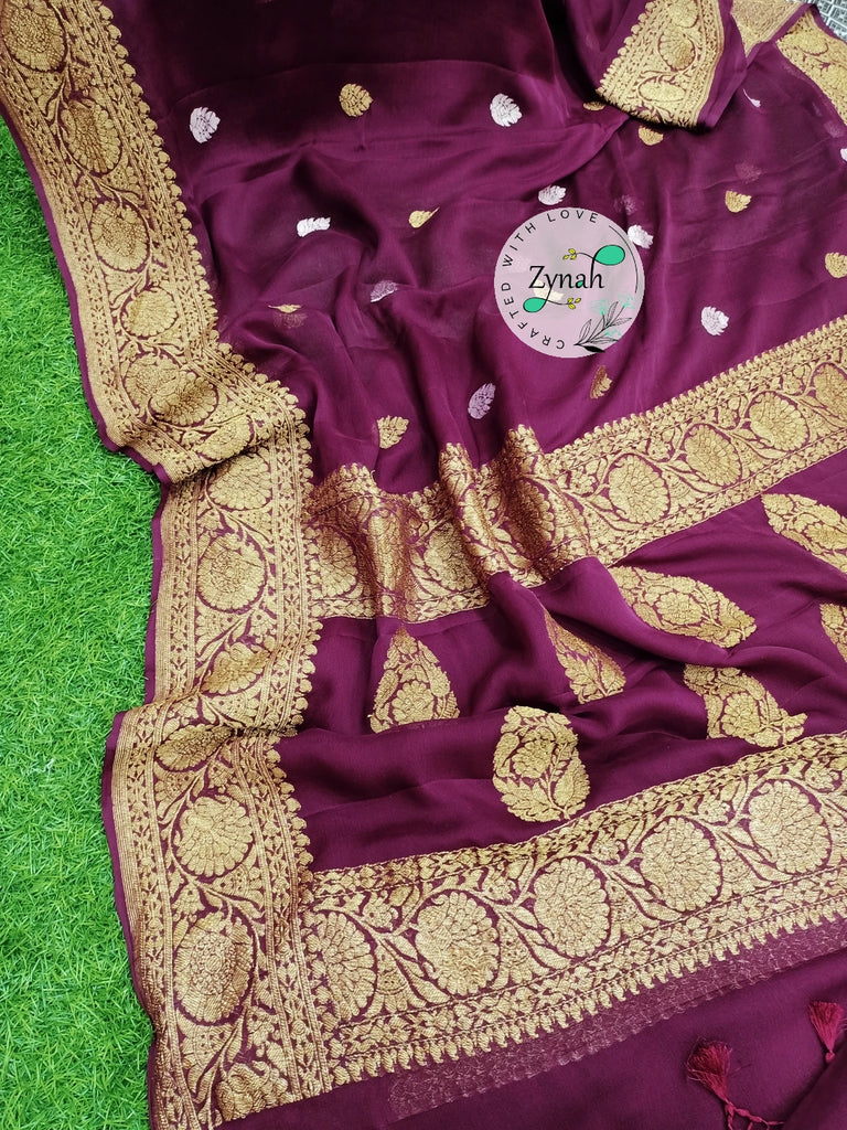 Zynah Pure Banarasi Handloom Khaddi Georgette Saree with Zari Border & Butis; Custom Stitched/Ready-made Blouse, Fall, Petticoat; Shipping available USA, Worldwide