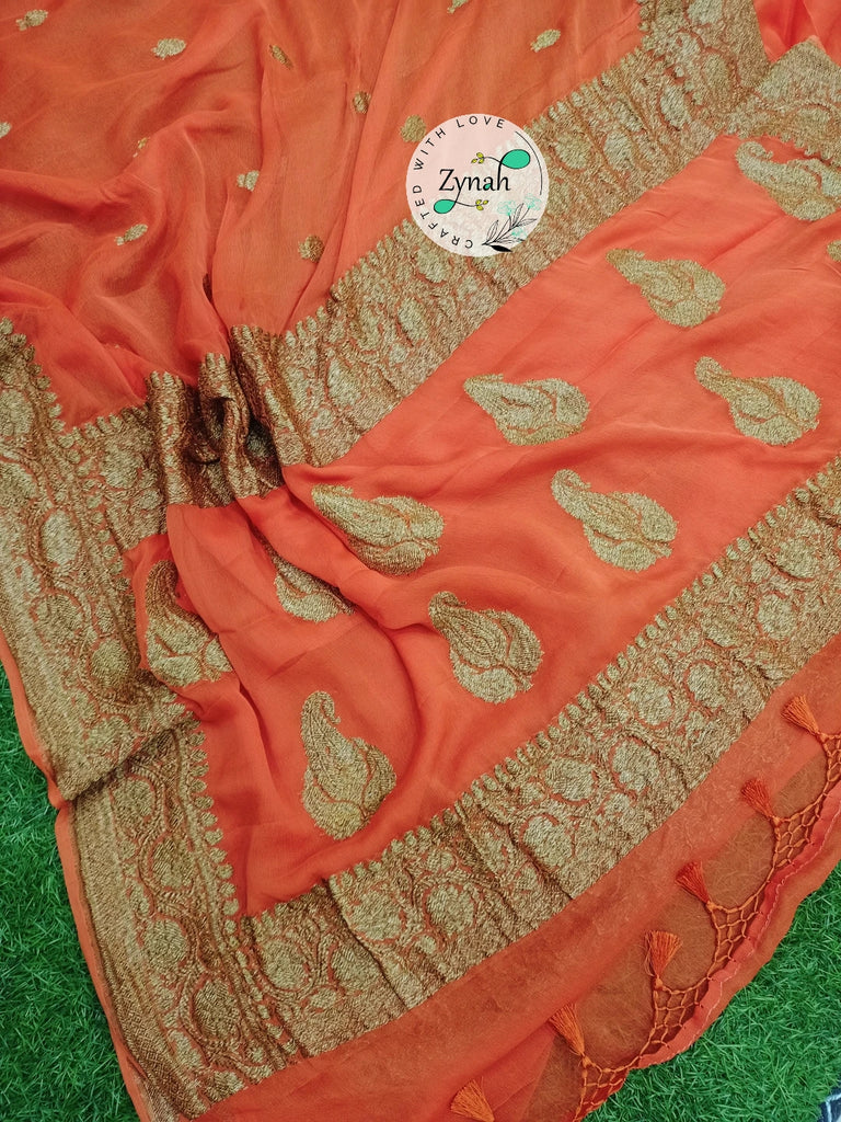 Zynah Pure Banarasi Handloom Khaddi Georgette Saree with Zari Border & Butis; Custom Stitched/Ready-made Blouse, Fall, Petticoat; Shipping available USA, Worldwide