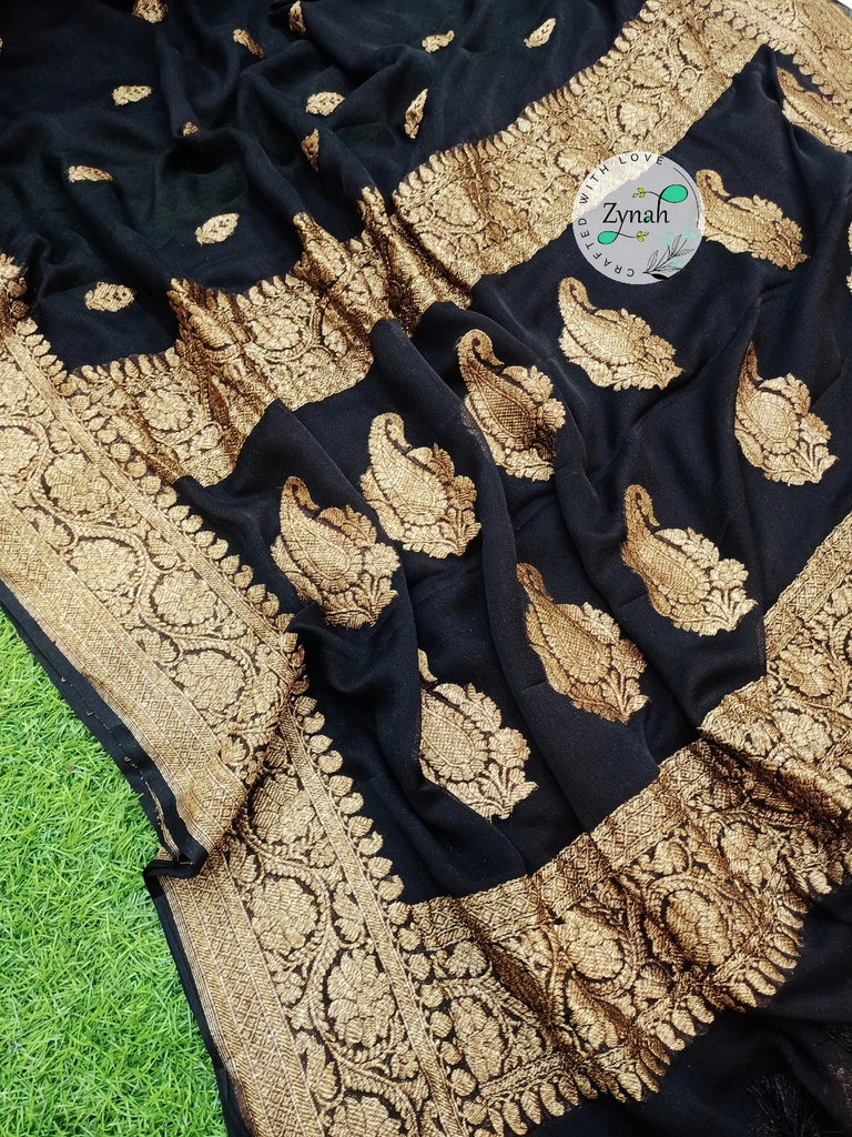 Zynah Pure Banarasi Handloom Khaddi Georgette Saree with Zari Border & Butis; Custom Stitched/Ready-made Blouse, Fall, Petticoat; Shipping available USA, Worldwide