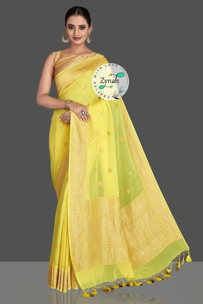Zynah Pure Banarasi Handloom Khaddi Georgette Saree with Golden Zari Border & Butis; Custom Stitched/Ready-made Blouse, Fall, Petticoat; Shipping available USA, Worldwide
