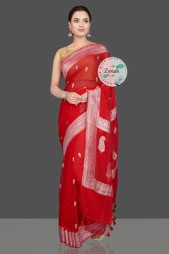 Zynah Pure Banarasi Handloom Khaddi Georgette Saree with Zari Border & Butis; Custom Stitched/Ready-made Blouse, Fall, Petticoat; Shipping available USA, Worldwide