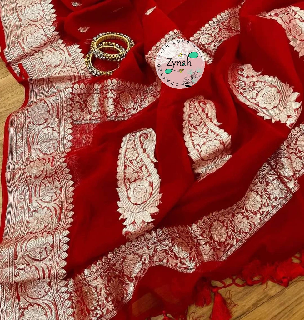 Zynah Pure Banarasi Handloom Khaddi Georgette Saree with Zari Border & Butis; Custom Stitched/Ready-made Blouse, Fall, Petticoat; Shipping available USA, Worldwide