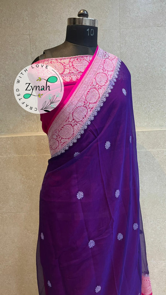 Zynah Pure Banarasi Handloom Khaddi Georgette Saree with Zari Weave; Custom Stitched/Ready-made Blouse, Fall, Petticoat; Shipping available USA, Worldwide