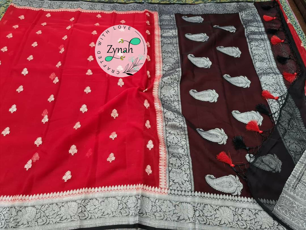 Zynah Pure Banarasi Handloom Khaddi Georgette Saree with Zari Weave; Custom Stitched/Ready-made Blouse, Fall, Petticoat; Shipping available USA, Worldwide