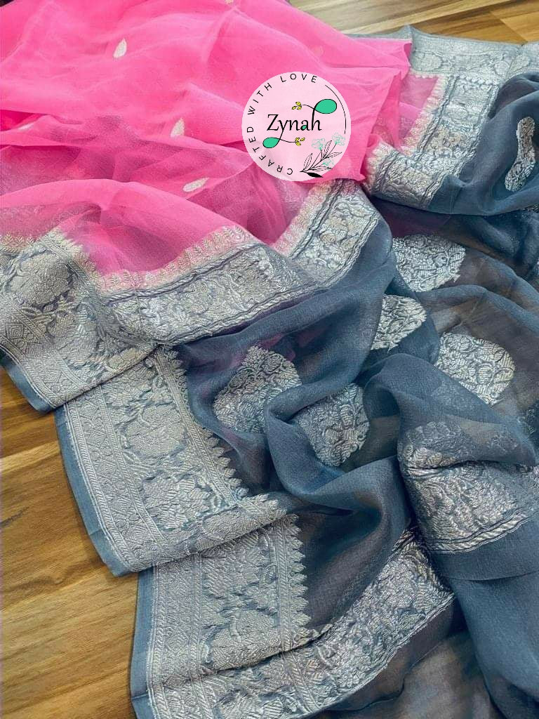 Zynah Pure Banarasi Handloom Khaddi Georgette Saree with Zari Weave; Custom Stitched/Ready-made Blouse, Fall, Petticoat; Shipping available USA, Worldwide