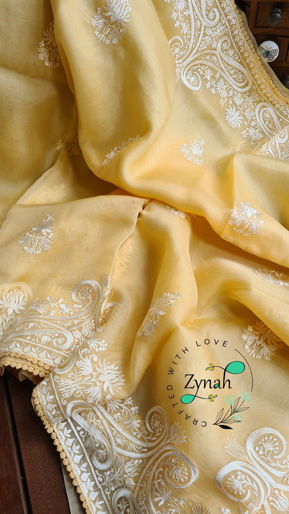 Zynah Pure Organza Silk Saree with Thread Embroidery & Crochet lace Border; Custom Stitched/Ready-made Blouse, Fall, Petticoat; Shipping available USA, Worldwide