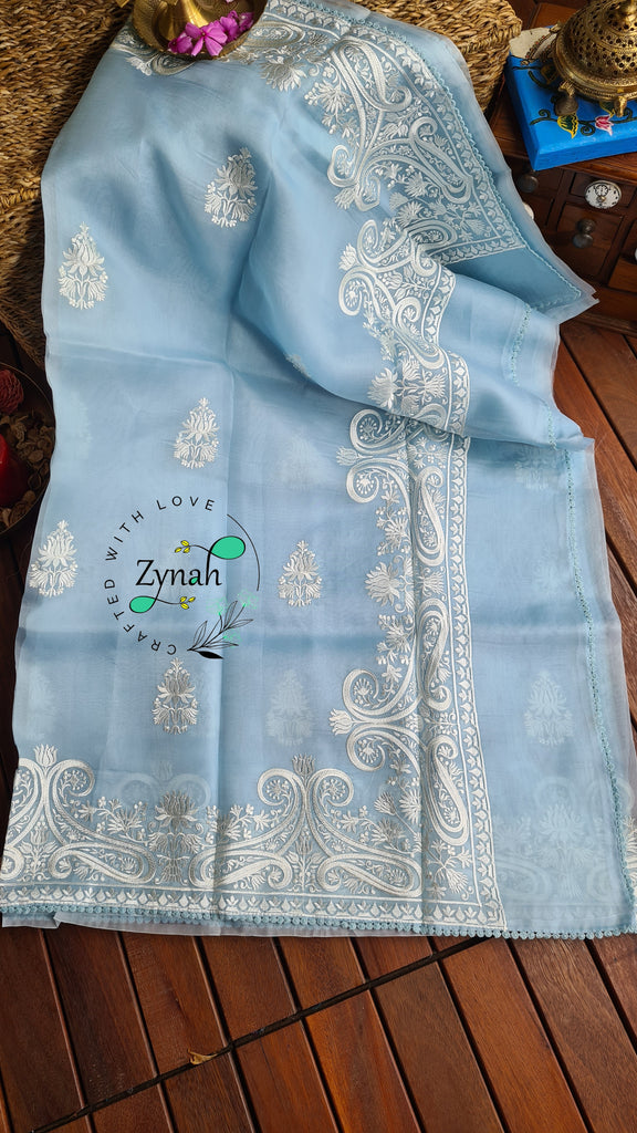 Zynah Pure Organza Silk Saree with Thread Embroidery & Crochet lace Border; Custom Stitched/Ready-made Blouse, Fall, Petticoat; Shipping available USA, Worldwide