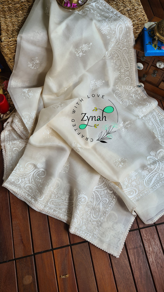Zynah Pure Organza Silk Saree with Thread Embroidery & Crochet lace Border; Custom Stitched/Ready-made Blouse, Fall, Petticoat; Shipping available USA, Worldwide