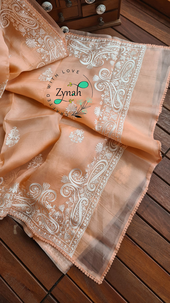 Zynah Pure Organza Silk Saree with Thread Embroidery & Crochet lace Border; Custom Stitched/Ready-made Blouse, Fall, Petticoat; Shipping available USA, Worldwide