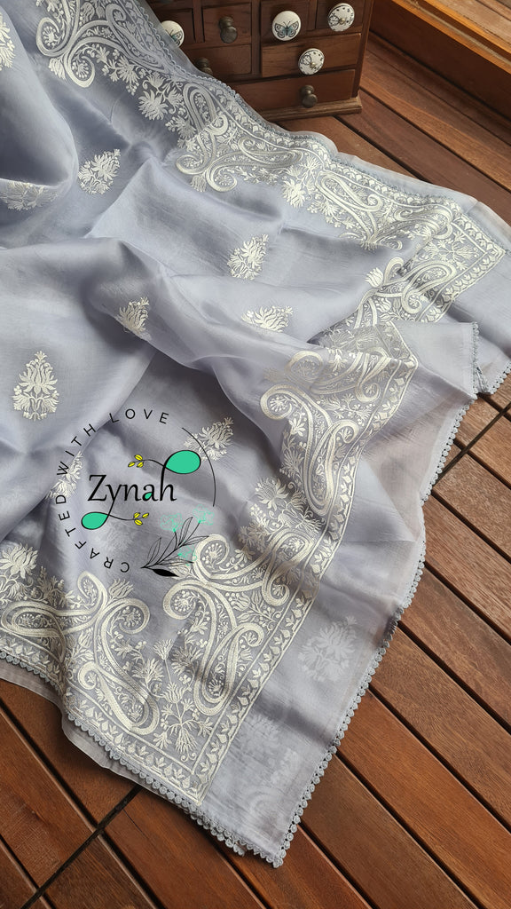 Zynah Pure Organza Silk Saree with Thread Embroidery & Crochet lace Border; Custom Stitched/Ready-made Blouse, Fall, Petticoat; Shipping available USA, Worldwide
