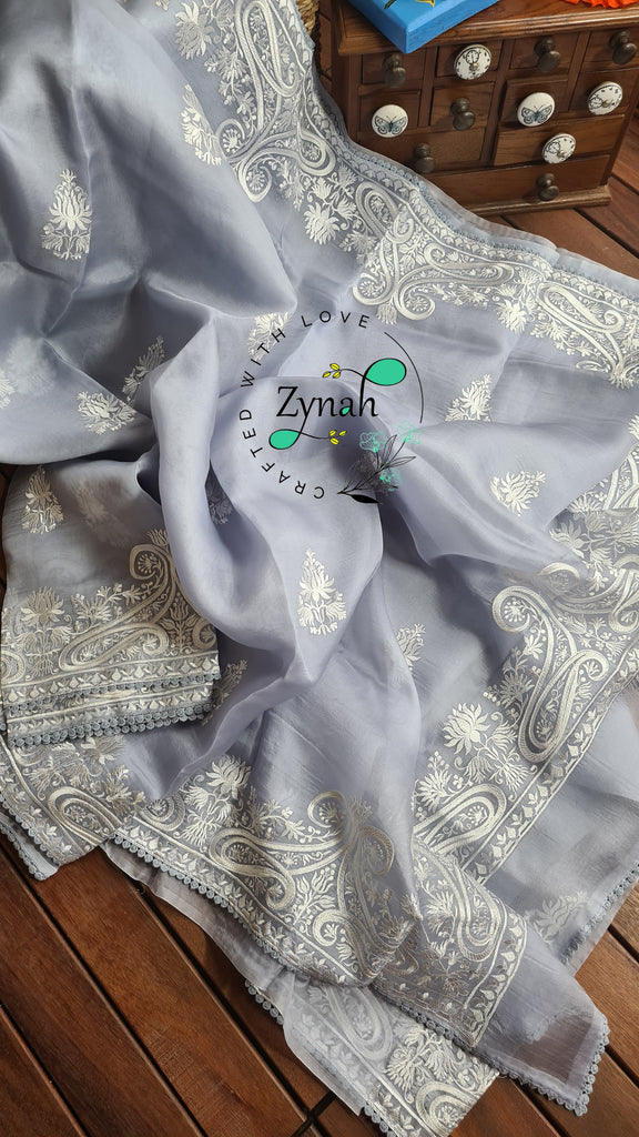 Zynah Pure Organza Silk Saree with Thread Embroidery & Crochet lace Border; Custom Stitched/Ready-made Blouse, Fall, Petticoat; Shipping available USA, Worldwide