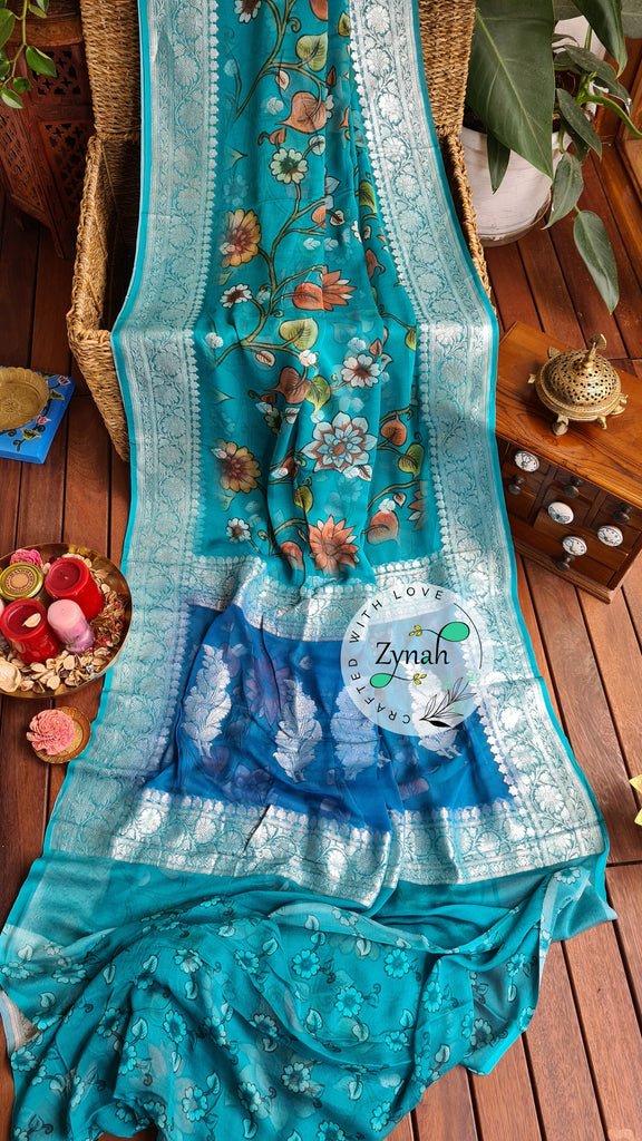 Zynah Pure Khaddi Chiffon Saree with Floral Prints & Silver Zari Weave; Custom Stitched/Ready-made Blouse, Fall, Petticoat; Shipping available USA, Worldwide