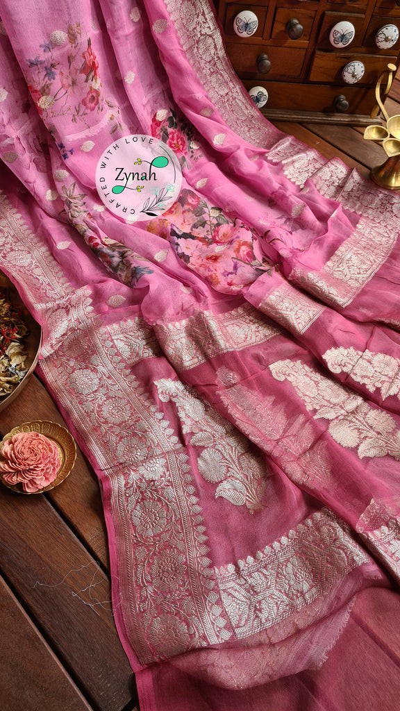 Zynah Pure Khaddi Chiffon Saree with Floral Prints & Silver Zari Weave; Custom Stitched/Ready-made Blouse, Fall, Petticoat; Shipping available USA, Worldwide