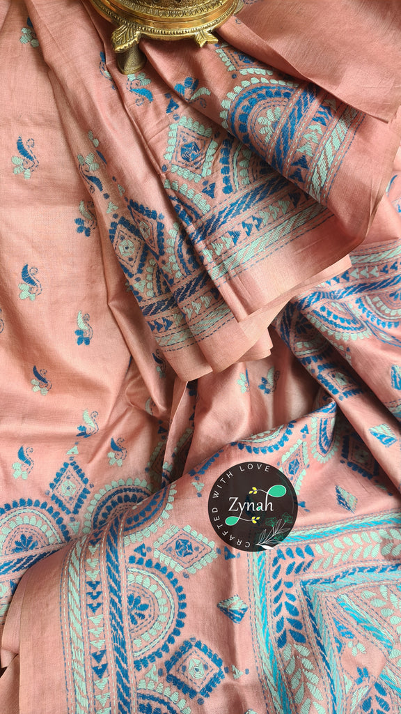 Zynah Pure Tussar Silk Kantha Saree; Custom Stitched/Ready-made Blouse, Fall, Petticoat; Shipping available USA, Worldwide