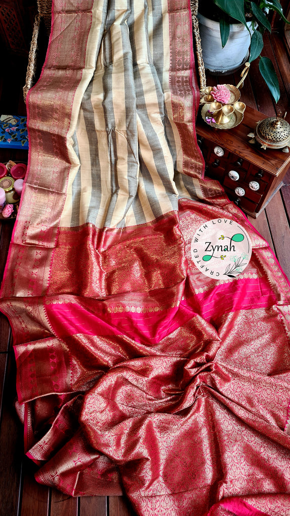 Zynah Pure Tussar Banarasi Silk Saree with Antique Zari; Custom Stitched/Ready-made Blouse, Fall, Petticoat; Shipping available USA, Worldwide