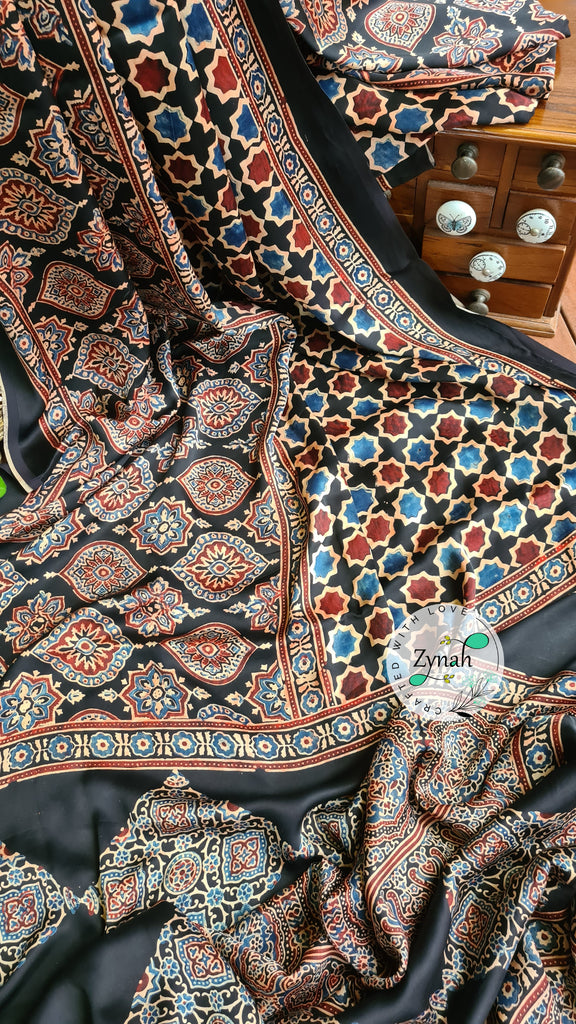 Zynah Pure Modal Silk Ajrakh Saree with Handblock Prints; Custom Stitched/Ready-made Blouse, Fall, Petticoat; Shipping available USA, Worldwide