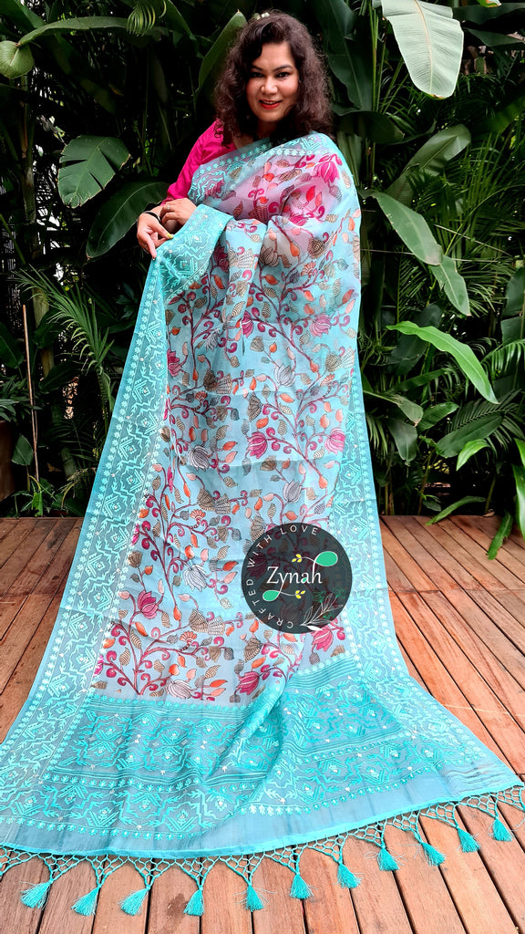 Zynah Pure Organza Silk Kalamkari Saree with Dhakai Jamdhani Thread Embroidery; Custom Stitched/Ready-made Blouse, Fall, Petticoat; Shipping available USA, Worldwide