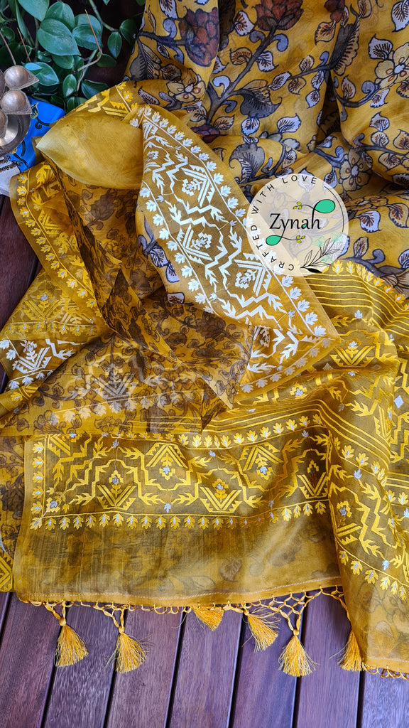 Zynah Pure Organza Silk Kalamkari Saree with Dhakai Jamdhani Thread Embroidery; Custom Stitched/Ready-made Blouse, Fall, Petticoat; Shipping available USA, Worldwide