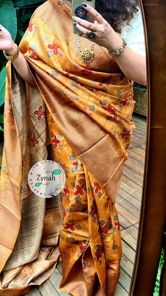 Zynah Pure Tussar Silk Banarasi Patan Patola inspired Saree with Antique zari weave; Custom Stitched/Ready-made Blouse, Fall, Petticoat; Shipping available USA, Worldwide