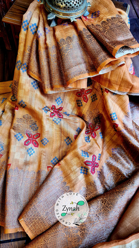 Zynah Pure Tussar Silk Banarasi Patan Patola inspired Saree with Antique zari weave; Custom Stitched/Ready-made Blouse, Fall, Petticoat; Shipping available USA, Worldwide