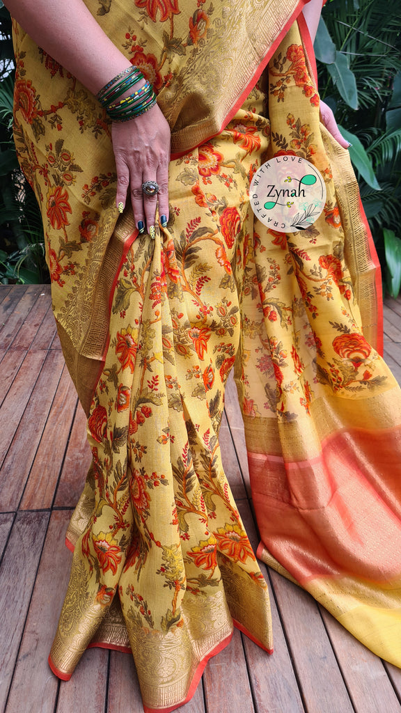 Zynah Pure Tussar Banarasi Silk Saree; Custom Stitched/Ready-made Blouse, Fall, Petticoat; Shipping available USA, Worldwide