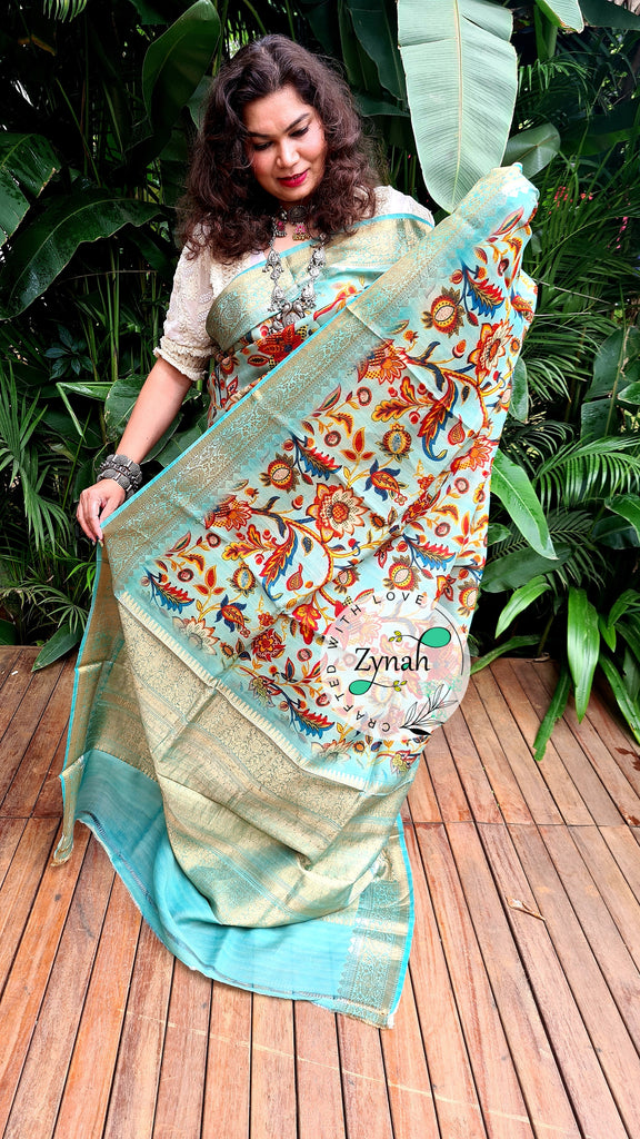 Zynah Pure Tussar Banarasi Silk Saree; Custom Stitched/Ready-made Blouse, Fall, Petticoat; Shipping available USA, Worldwide