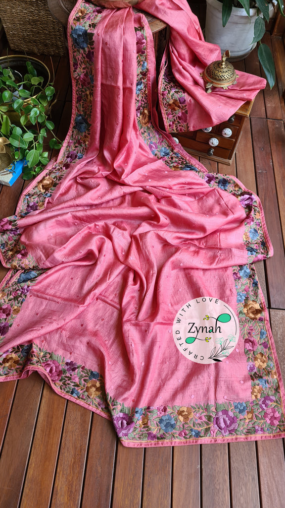 Zynah Made to Order Pure Tussar Silk Parsi Gara Handcrafted Saree; Custom Stitched/Ready-made Blouse, Fall, Petticoat; Shipping available USA, Worldwide