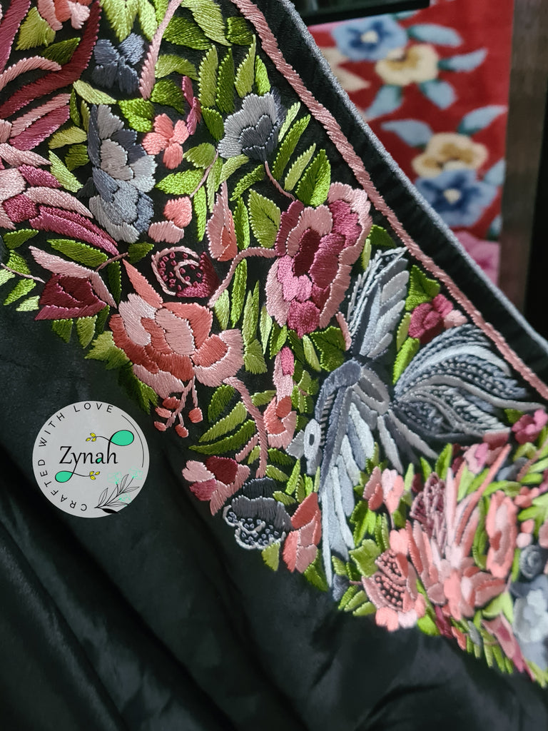 Zynah Made to Order Black Pure Crepe Silk Parsi Gara Handcrafted Saree; Custom Stitched/Ready-made Blouse, Fall, Petticoat; Shipping available USA, Worldwide