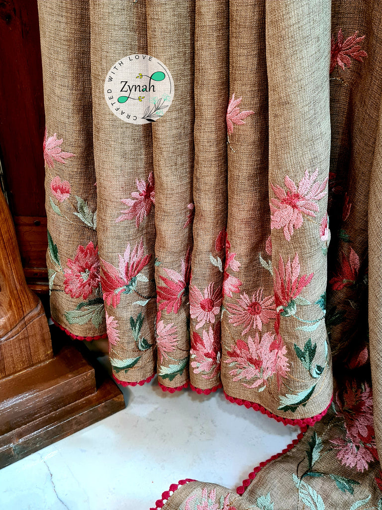 Zynah Pure Jute Muslin Embroidery Saree with Crochet lace; Custom Stitched/Ready-made Blouse, Fall, Petticoat; Shipping available USA, Worldwide